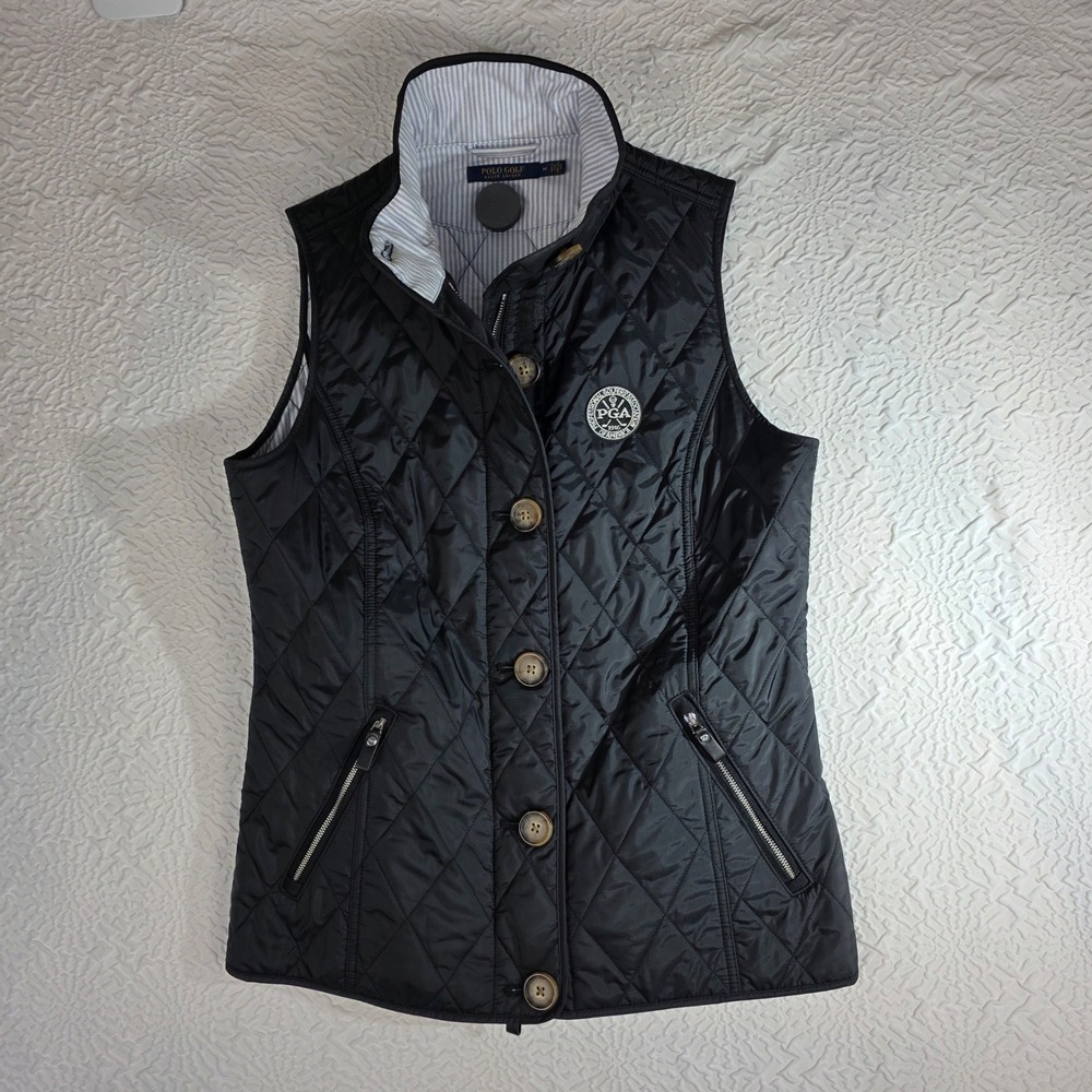Polo Golf Ralph Lauren PGA Tour Black‎ Quilted Vest Women Medium Striped Lining